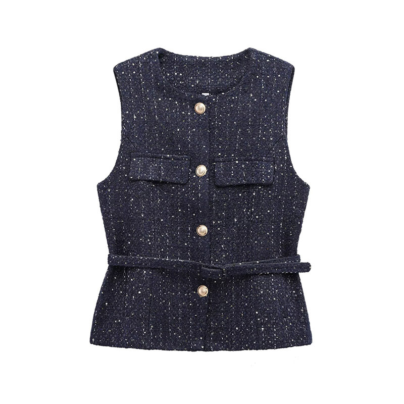 Picture of Women's Blue Woolen Fashion Textured Vest with Belt 2025 Spring New European and American Cross-Border Vest