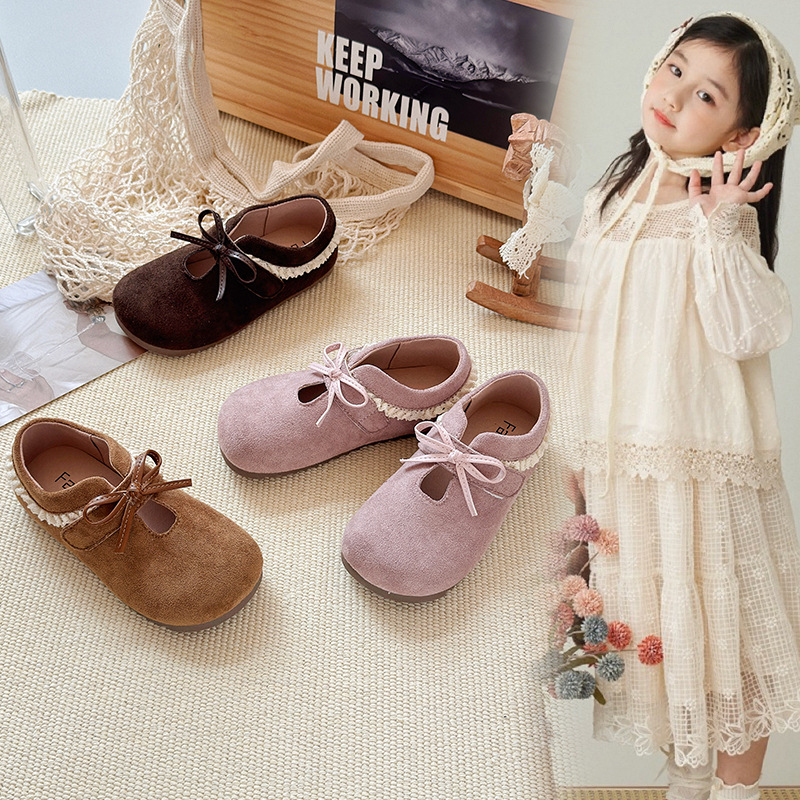 Girls' leather shoes new autumn children's Birkenstock soft soles sweet princess shoes bow baby shoes