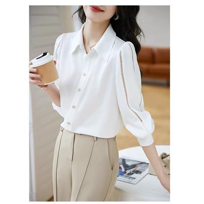 Heavy Embroidered White polo Collar Shirt Women's 2023 Spring New Fashion Western Style White Shirt All-match Top