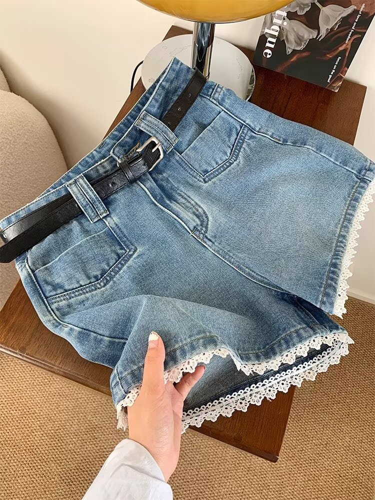 2025 Summer Lace Denim Shorts Women's plus size chubby girl Summer Thin Super Shorts High Waist Wide Leg Hot Pants
