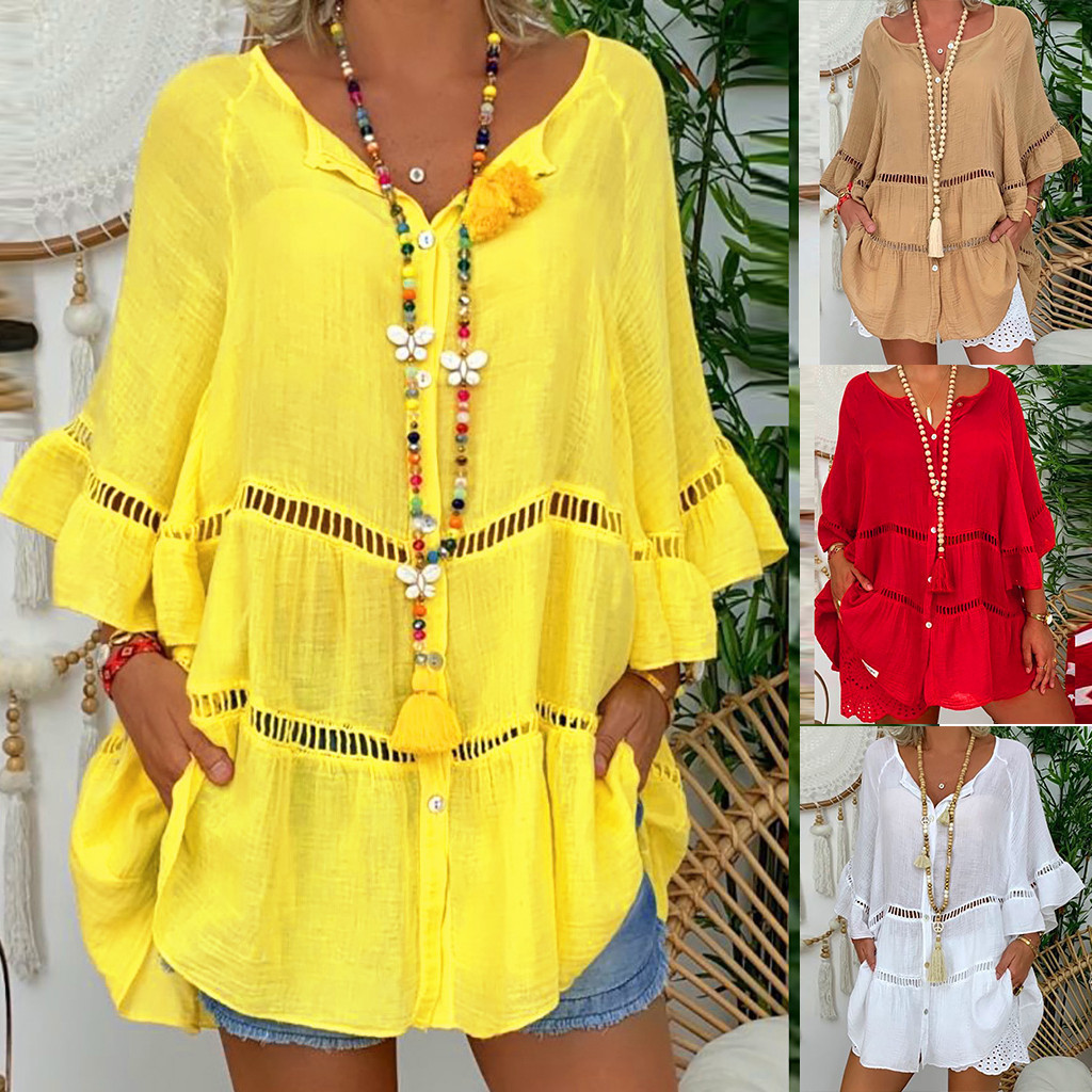 New Women's Seven-sleeve Cotton and Linen V-neck Loose Button Hollow plus size Top dress