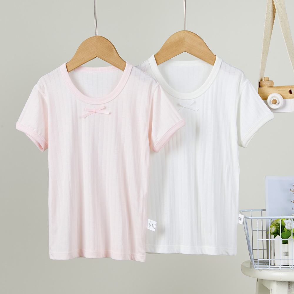 Picture of Summer Kidsren's Cold-Feeling Half-Sleeved T-Shirt Thin Breathable Short-Sleeved Baby Boy and Girl Bottoming Shirt 2-Piece Pure Color