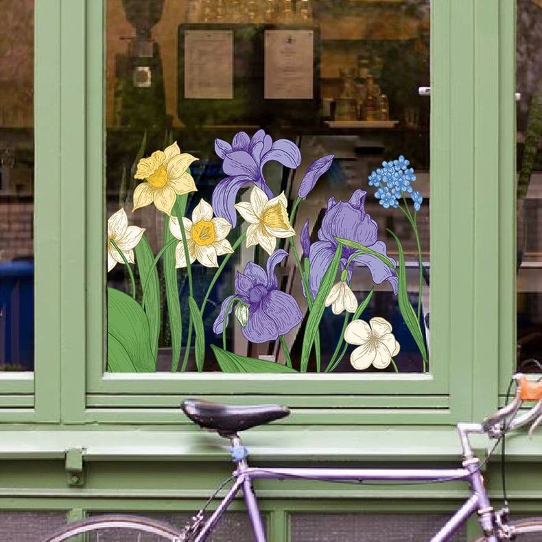 Plant Flower Shop Window Glass Door Sticker Purple Flower Decoration Clothing Store Window Flower Sticker Electrostatic Sticker
