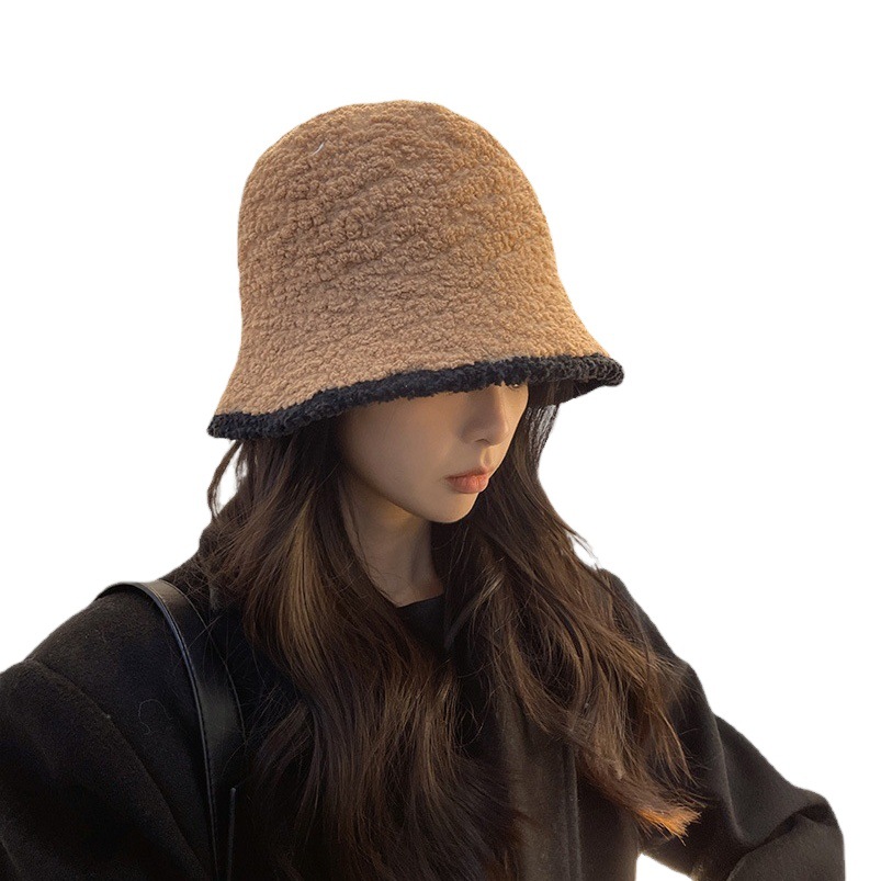 Lamb wool fisherman hat autumn and winter South Korea ins big head color matching knitted bucket hat all-match warm plush basin hat