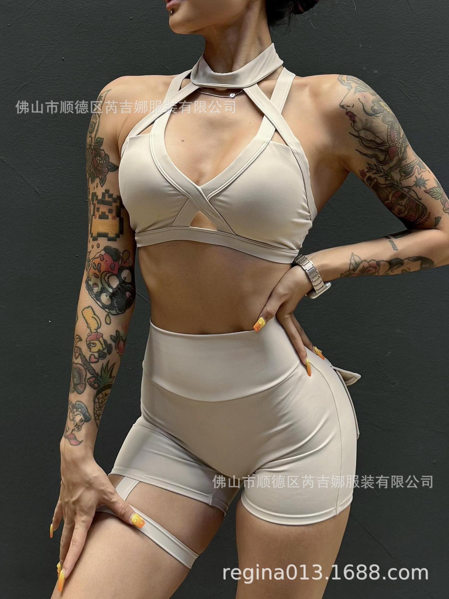 Cross-border Sports Fitness Underwear Women's Hanging Neck Buckle Sexy Shockproof Push-up Stereotype Professional Running Yoga Bra
