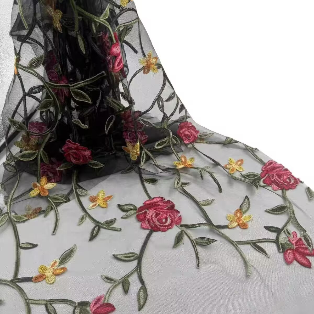 Picture of Mesh lace fabric, colorful three-dimensional rose embroidery, soft and skin-friendly women's and children's skirts, lace fabric
