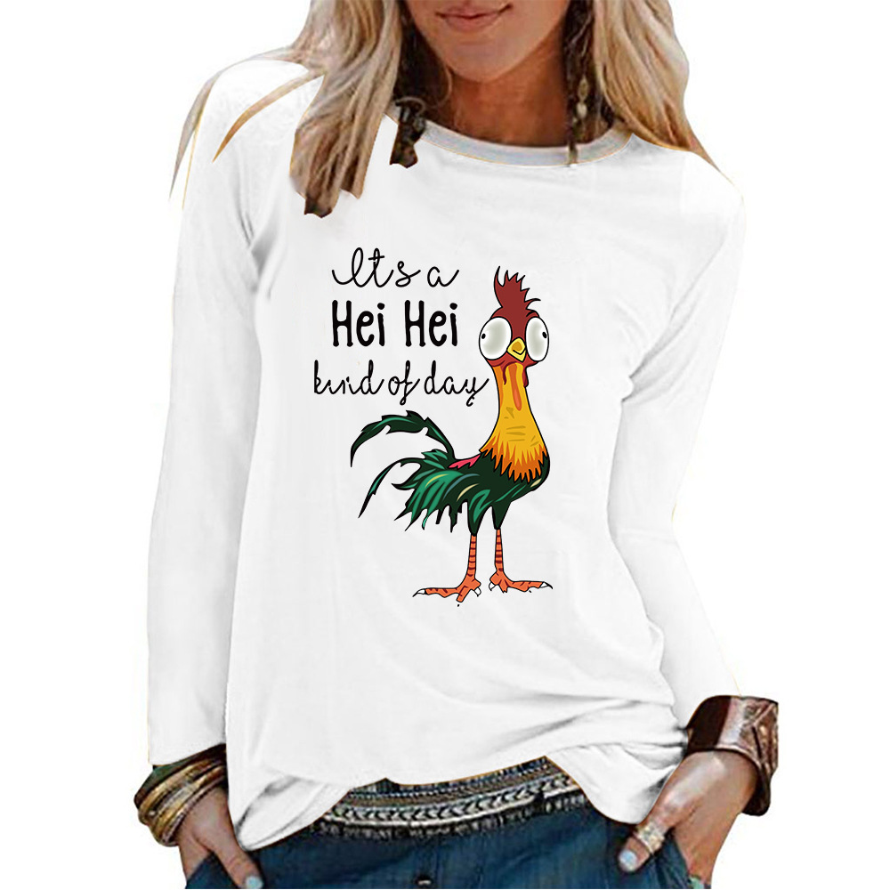 Cross-border Autumn New Rooster Printed Alphabet Women's Clothing European and American Large Size Long-sleeved Casual Loose All-match Top