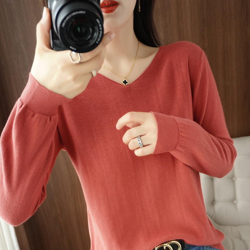 Autumn and Winter Cotton Sweater Loose Knitted Base Shirt Mother V-Neck Knitted Sweater Women's Inner Solid Color Base Shirt for Women