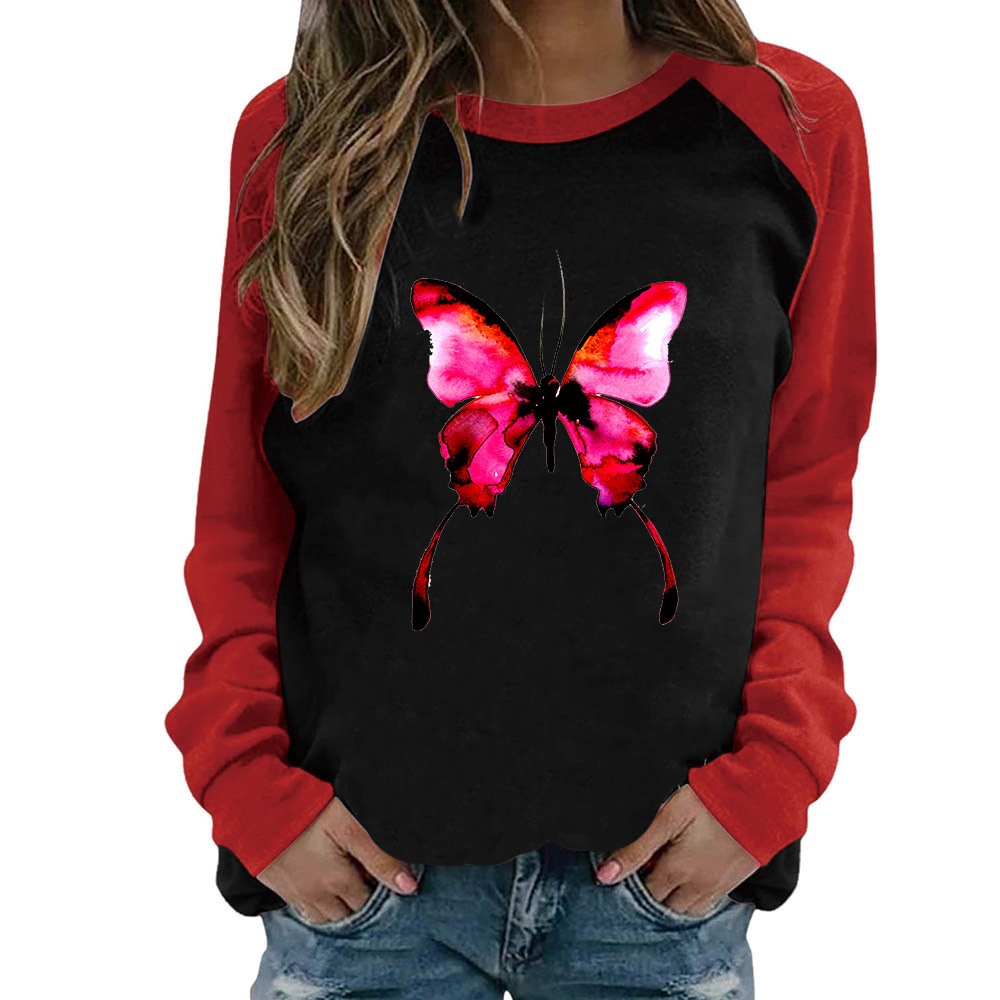 2021Wish Cross Women's shirt Butterfly Flying Pattern Round Neck Women's Raglan Long Sleeve T-shirt