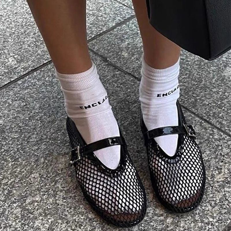 Picture of Cowhide Version Round Toe Niche Fish Mesh Cut Out Ballet Shoes for Women New Fashion Simple Flats Bottom Belt Buckle Shoes