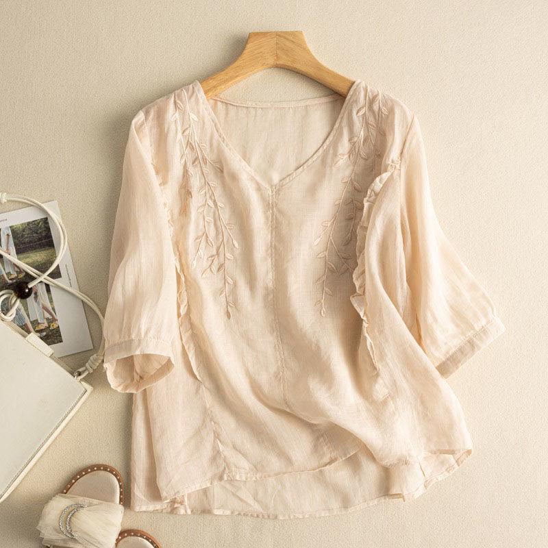 Embroidered Cotton and Linen Top Loose Elegant Artistic Retro Cotton and Linen Small Shirt Thin All-match 2024 Summer New Ethnic Style