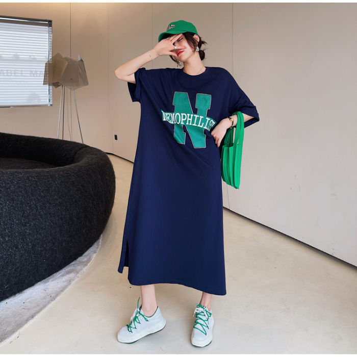 Picture of Korean T-shirt dress Women's 2024 Summer New Loose plus size Over-the-knee Short-sleeve Long Dress Casual Lazy Dress