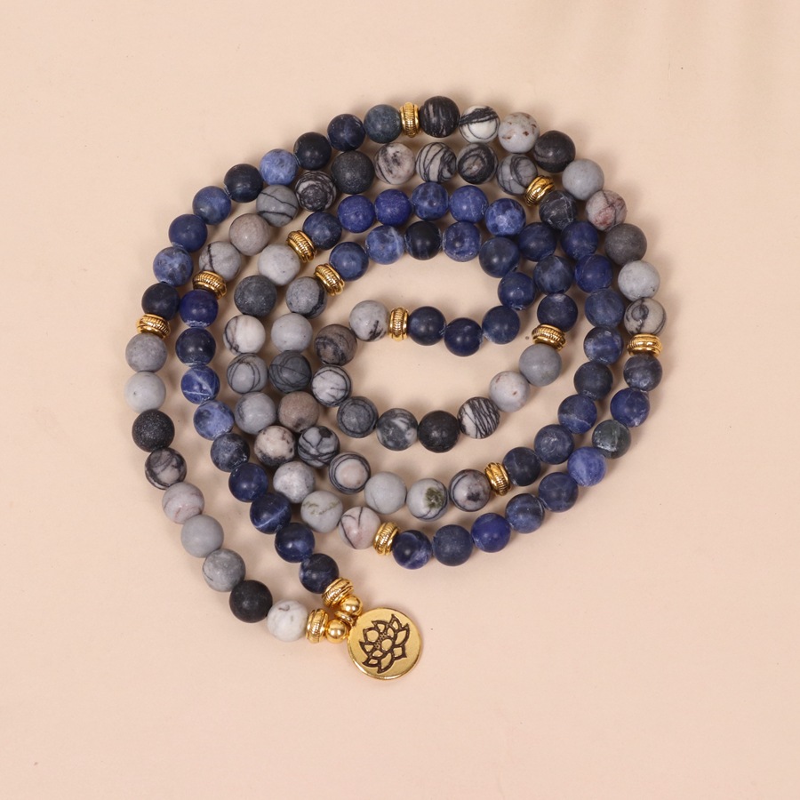 Picture of 108 beads bracelet Lotus pendant multi-layer bracelet blue pattern network stone beaded bracelet