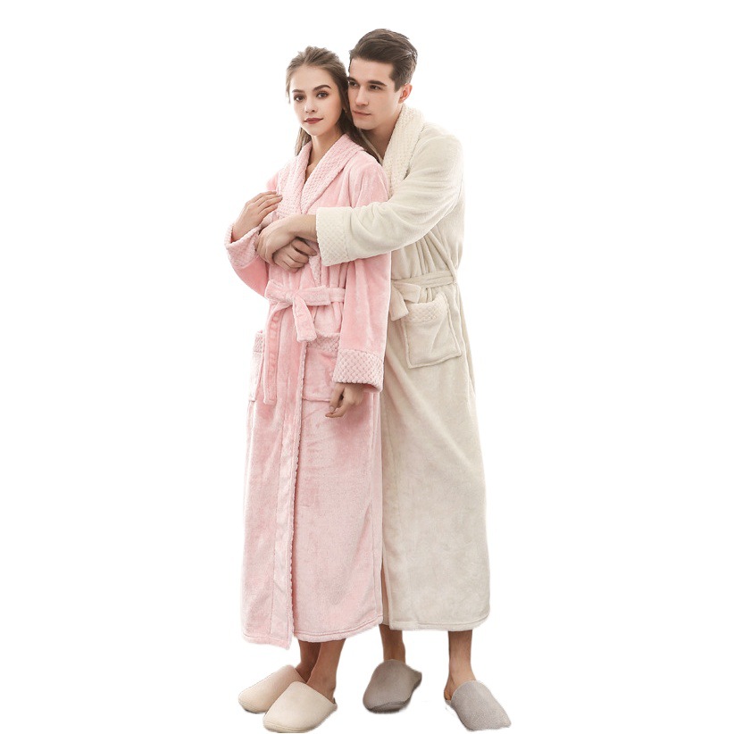 Amazon foreign trade bathrobe women's autumn and winter coral fleece pajamas thickened extended flannel nightgown men's home clothing wholesale