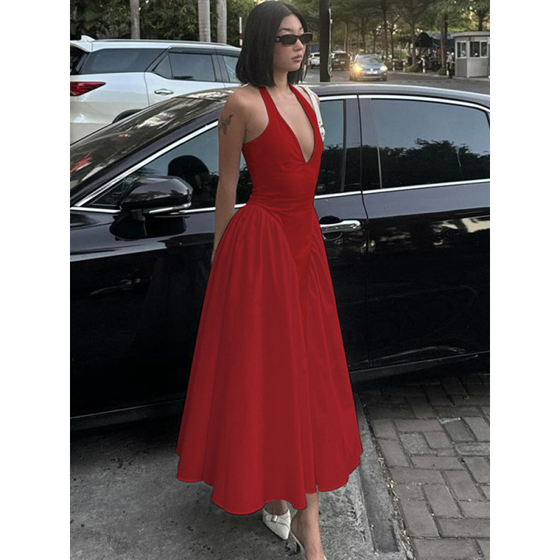 Amazon cross-border hot sale new solid color sexy deep V hollow halter temperament large swing skirt dress women's clothing