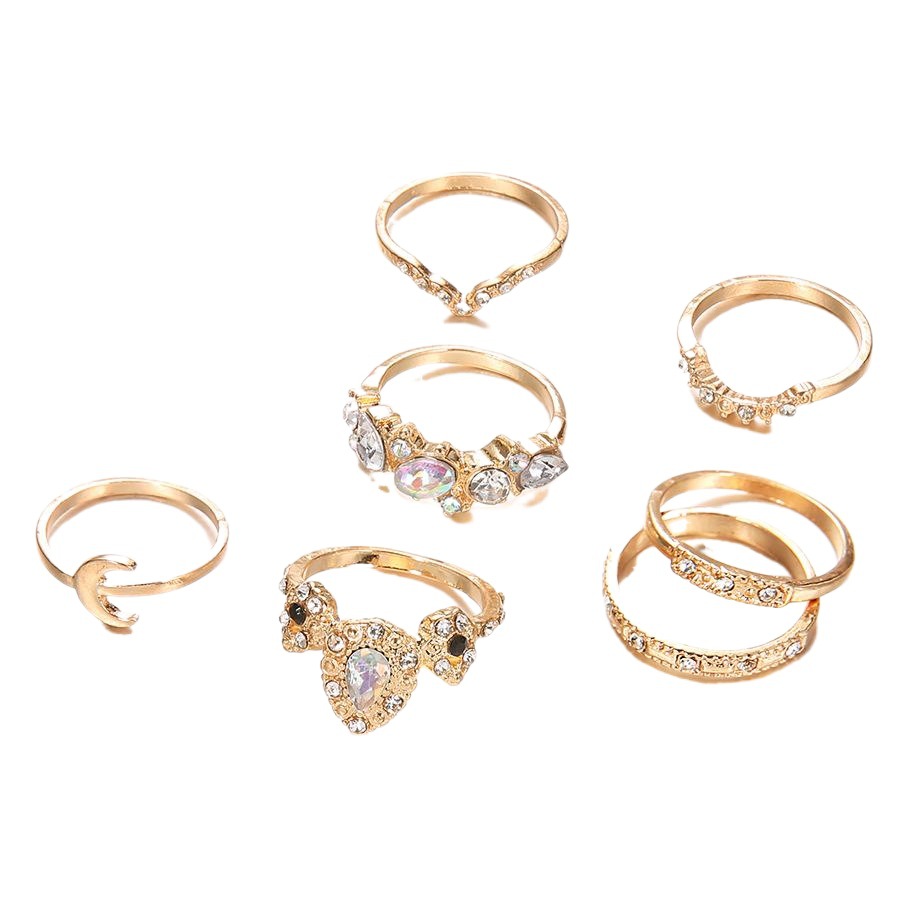 European and American new retro gold Women's Moon Gem color 9-piece set combination ring