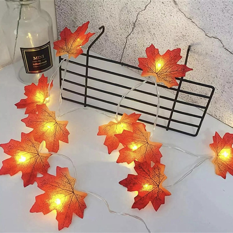 Picture of Autumn send cool maple leaf pumpkin atmosphere lamp room decoration outdoor fence hanging lamp LED lamp string