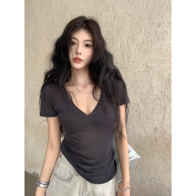 Real Shot Summer Hot Girl Style High-end Thin Micro-transparent Sexy Cool Draped Face Mask Collarbone V-neck Short Sleeve T-shirt