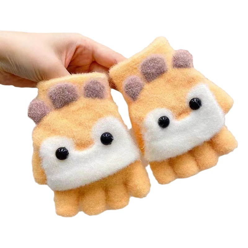 Children's Cartoon Flip Gloves Winter Half-Finger Thickened Baby Gloves for Boys and Girls Windproof Writing Warm Five-Finger Set