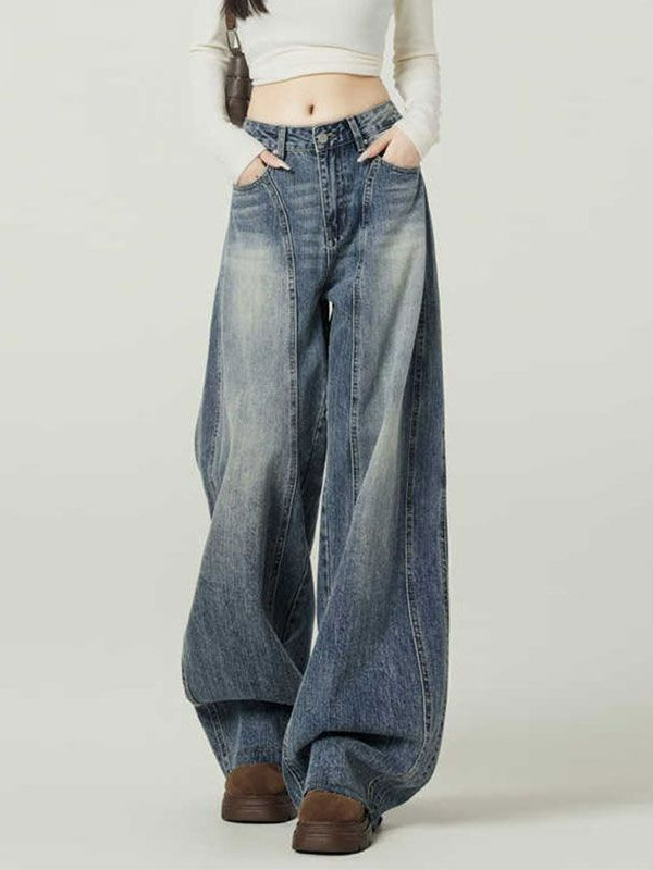 Vintage Blue High Street Wide-Leg Jeans for Women Trendy Versatile American Style Designer High-Waisted Slimming Scimitar Pants