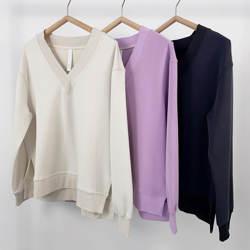 European and American Casual V-neck Pullover Sweatshirt All-match Sportswear Lulu Same Style Loose Top Autumn and Winter Outer Wear Running Clothes