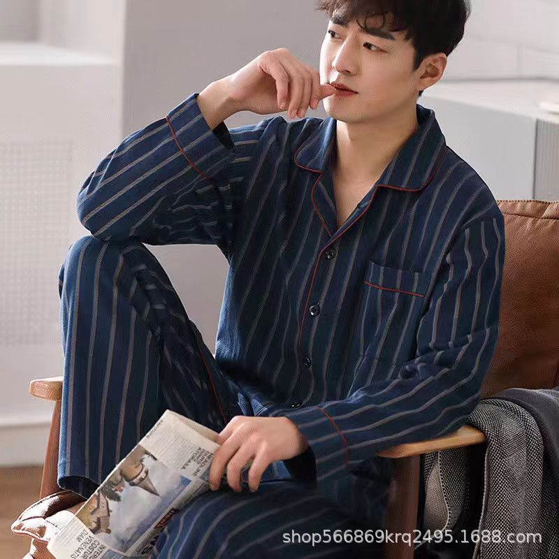 Picture of Pajamas Men's 2024 Spring and Autumn Cotton Long Sleeve Home Clothes Men's Boys Teenagers Thin plus size suit