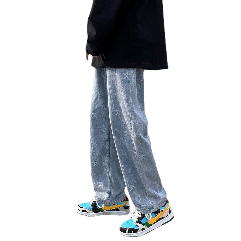 Picture of High Street Style Jeans Men's Summer Fashionable Loose Straight Wide Leg Dipped Pants Couple's Simple Pants