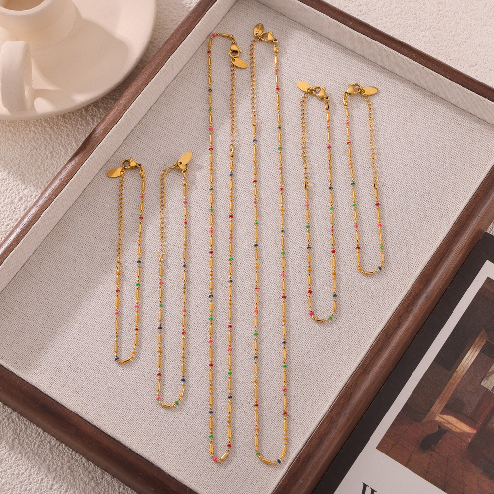 Sweet Style Color Mini Design Oil Dropping Bead Necklace Women's Simple INS Golden Anklet Bracelet Titanium Steel suit