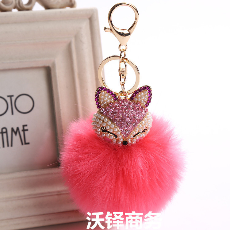 Fur pendant Fox head pendant keychain oversized rabbit fur ball plush Diamond rhinestone phone bag pendant