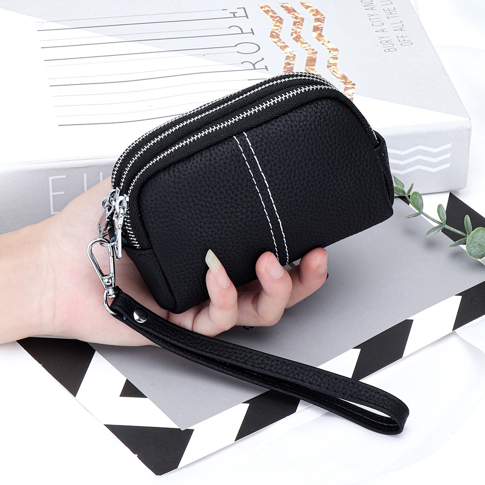 Cowhide Three-layer Zipper Hand-held Coin Purse Women's New Multi-compartment Hand-held Coin Purse Leather Mini Hand-held Small Bag