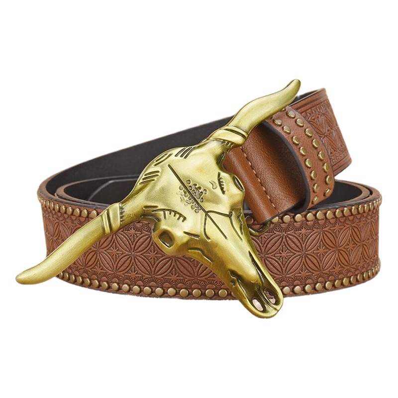 Amazon Ngau Tau Belt Men's Embossed Belt Western Denim Distinctive Rivet Belt Men's Wenzhou Belt Fashion