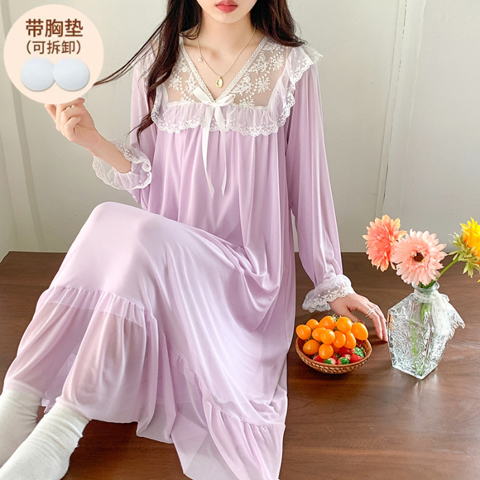 Picture of Spring and Autumn Nightgown Women's French Style Lace Long-Sleeved Vintage Palace Style Loose plus size Pajamas Mid-Length Home Clothes