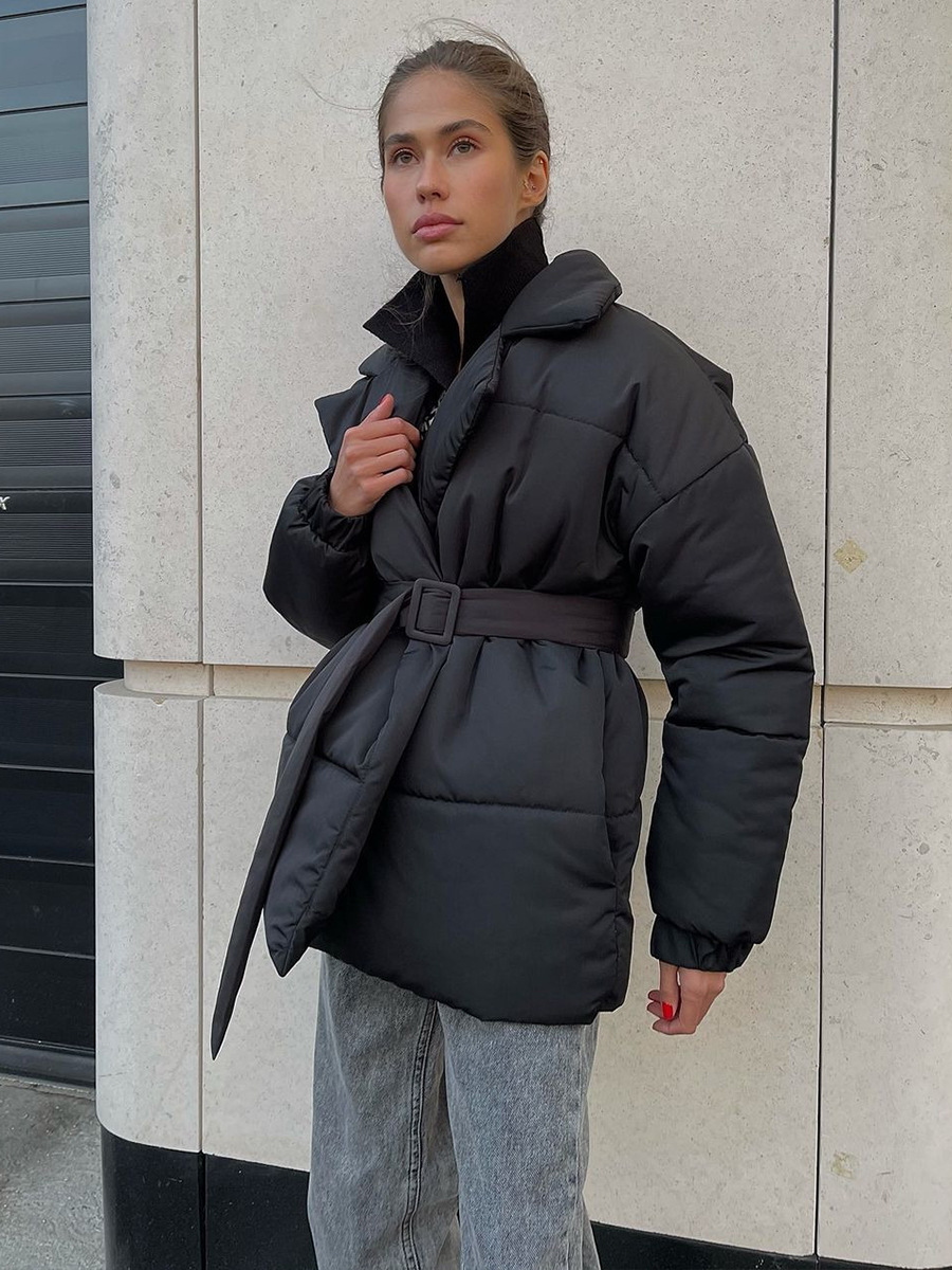 Cross-Border Lapel Cotton Jacket European and American 2025 Winter New Thickened Slimming Waist Cotton Coat Solid Color Belted Cotton Jacket