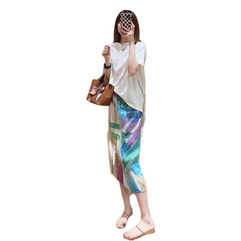 European and American fashion fresh ink printing design pleated overskirt elastic slim straight tube split high waist skirt