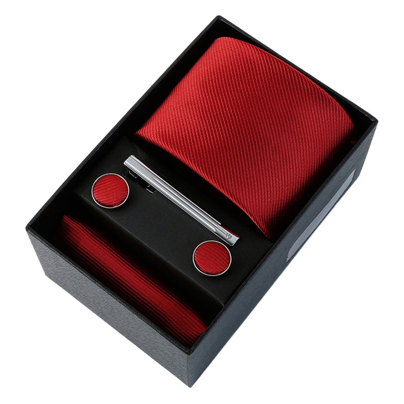 Men's Plain Tie Pocket Square Gift Box 4-Piece Set Casual Banquet wine red Black Hand Tie