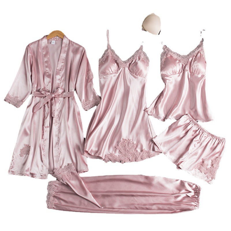Picture of Pajamas Women's Summer Ice Silk Sexy Hot Home Clothes Spring and Autumn Long Sleeve Thin plus size Cross-border Five-piece suit Bathrobe
