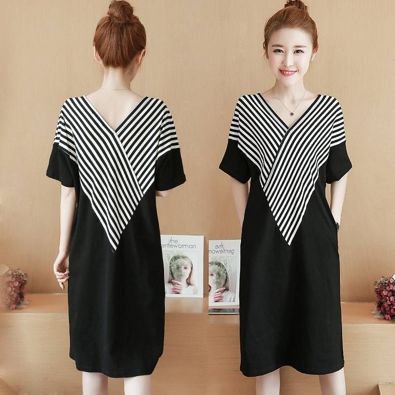 Cross-border Pregnant Women Korean Style plus size Design Niche dress New Thin Loose Slimming Short-sleeved V-neck Skirt