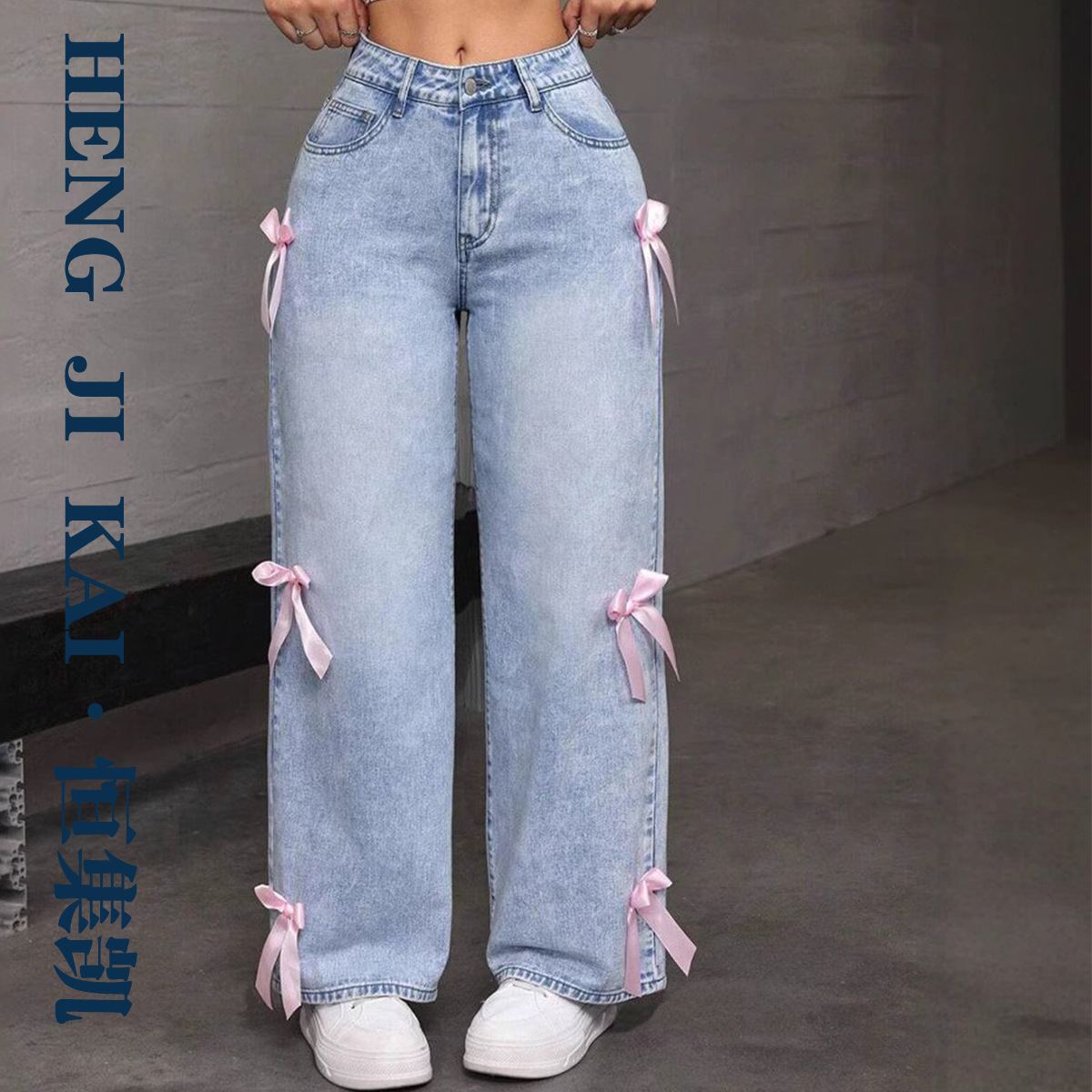 Cross-border Amazon y2k Street Spice Bow Collage Washed Jeans Loose Straight Wide Leg Pants Ins