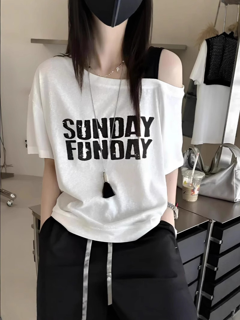 Summer Design Slanted Shoulder Strap Letter Printed Short-Sleeved T-Shirt Korean Style Casual Fashion Loose Slimming Look Top