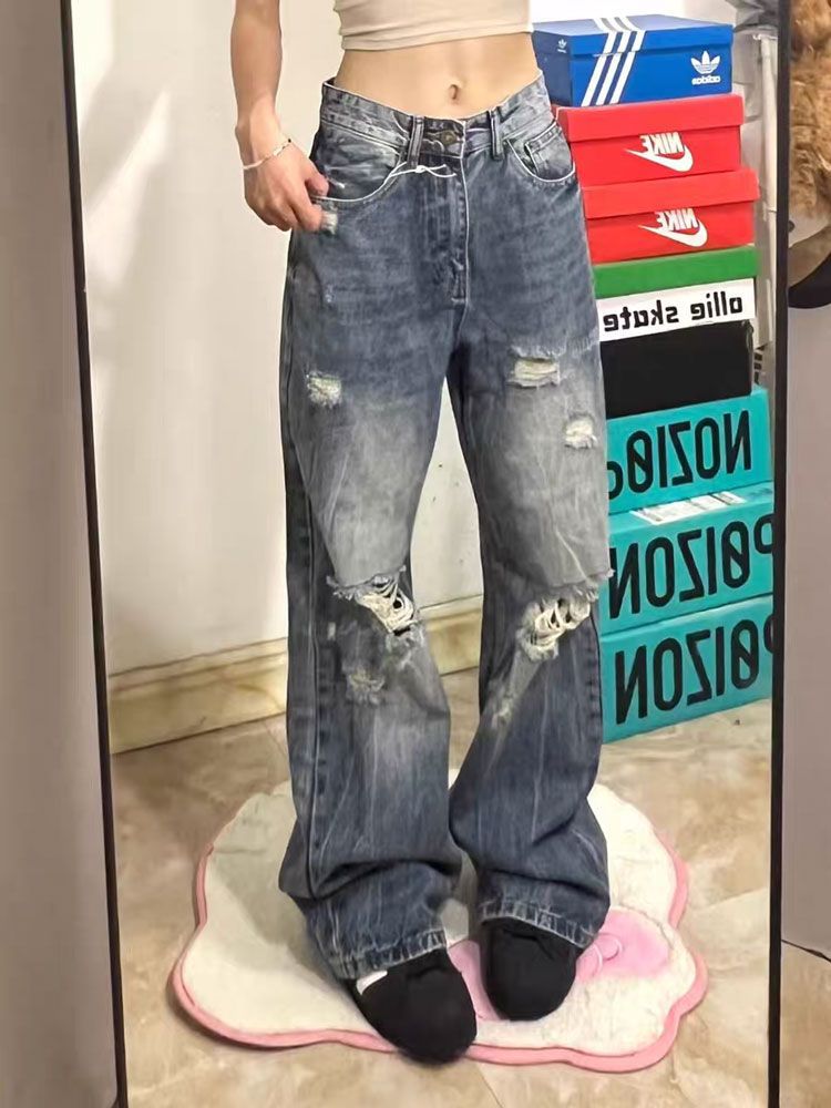 Picture of Ripped plus-size wide-leg jeans women's American summer new loose and versatile fashion high-waisted floor-length straight trousers