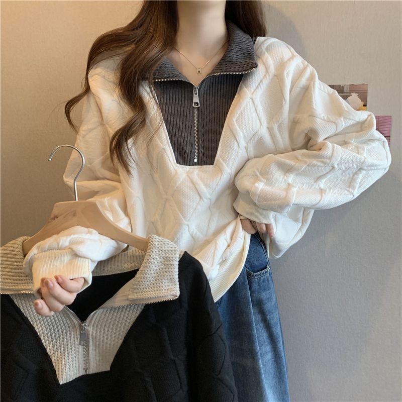 Large Size Chubby Girl Design Sense Zipper Stand Collar Color Matching Sweater Women's Thickened Autumn and Winter Three-dimensional Diamond-shaped Lattice Niche Coat Women