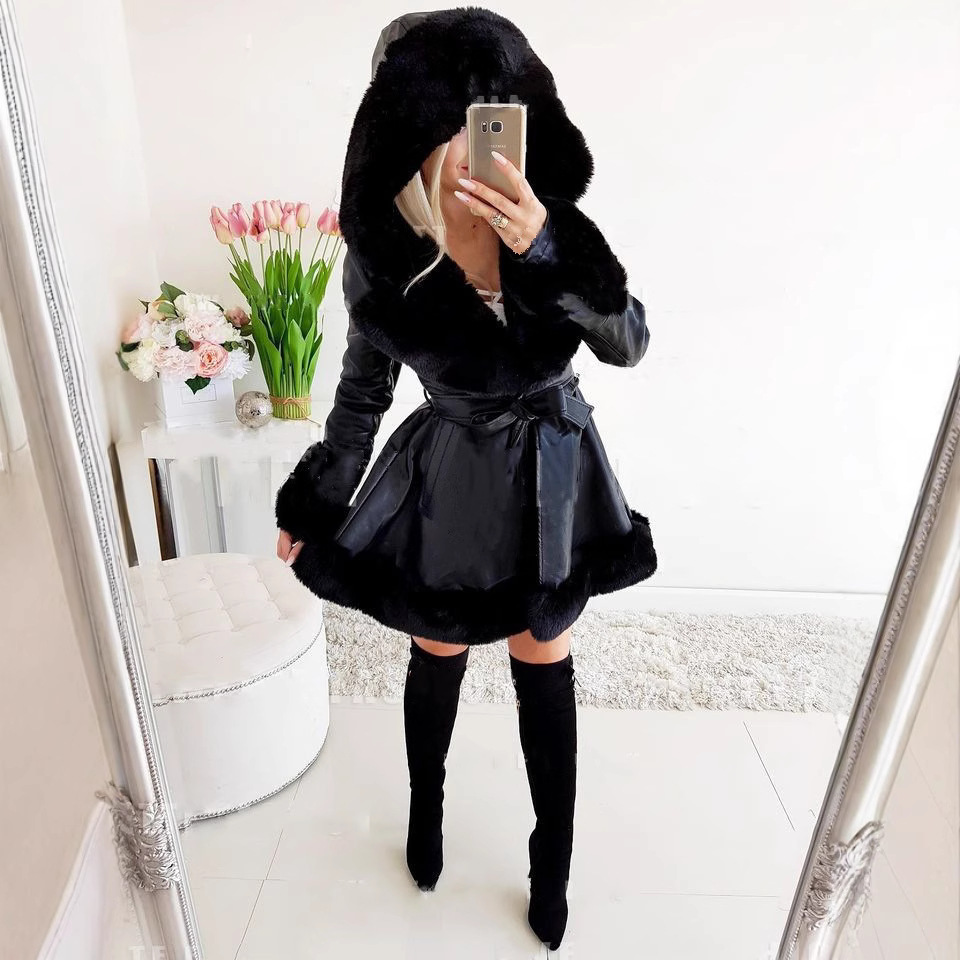 Picture of Popular winter coat small fragrant style short rough edge hooded fur stitching A- type coat winter fashion