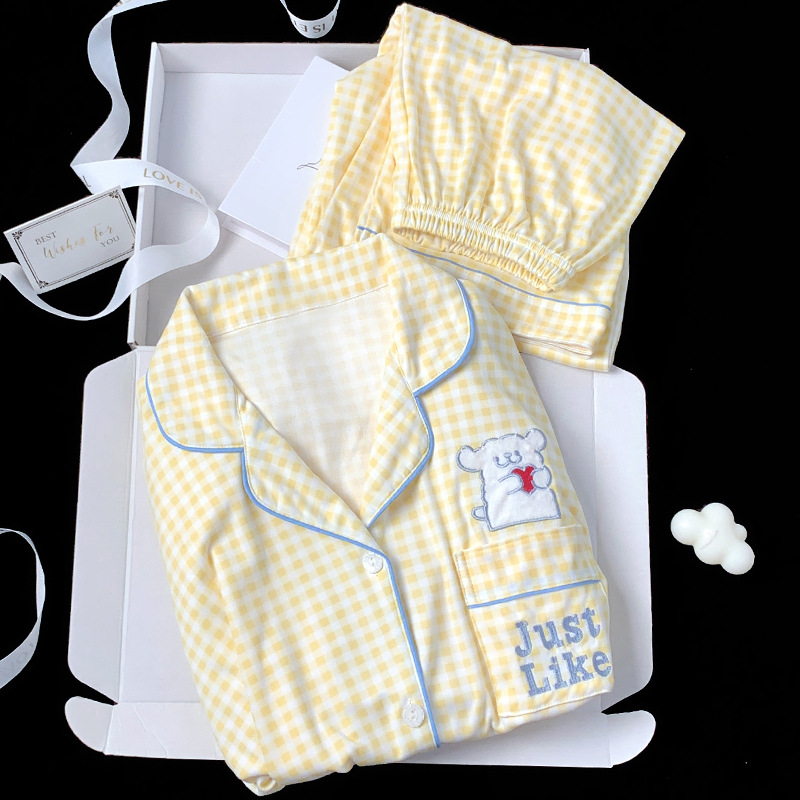 Korean milk yellow plaid line dog pajamas women's autumn long sleeve suit cute cartoon home clothes real shot wholesale