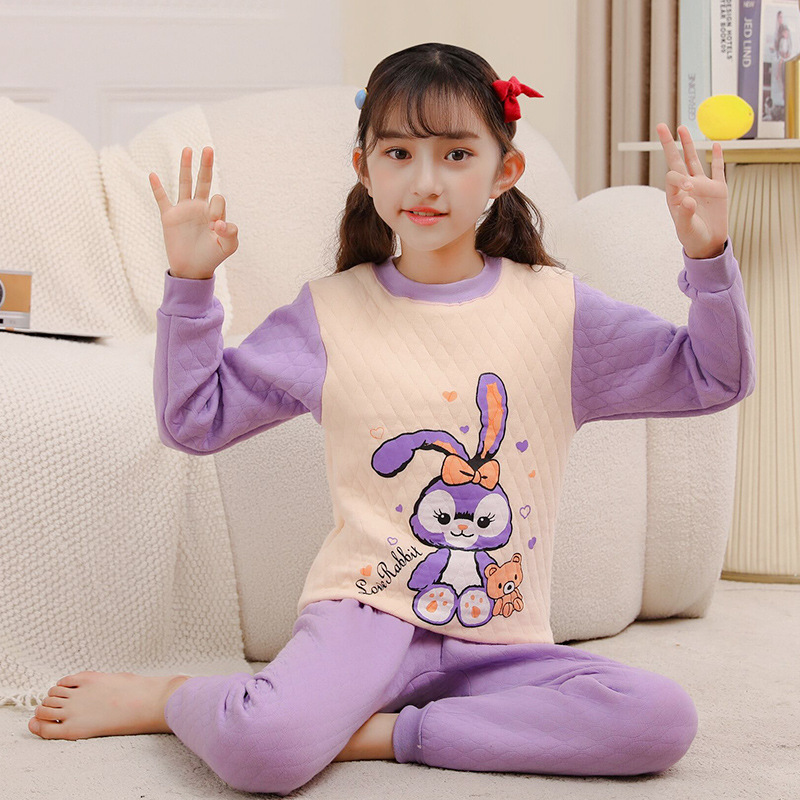 Picture of Winter new children's underwear quilted three-layer warm thickened suit half collar children's hollow cotton autumn clothes long pants