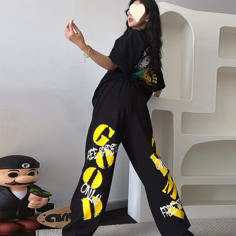 2024 Drawstring Spring and Summer New Women's High Waist Slimming Straight Wide Leg Trousers Letter Printed Trendy Brand Loose Trendy Pants