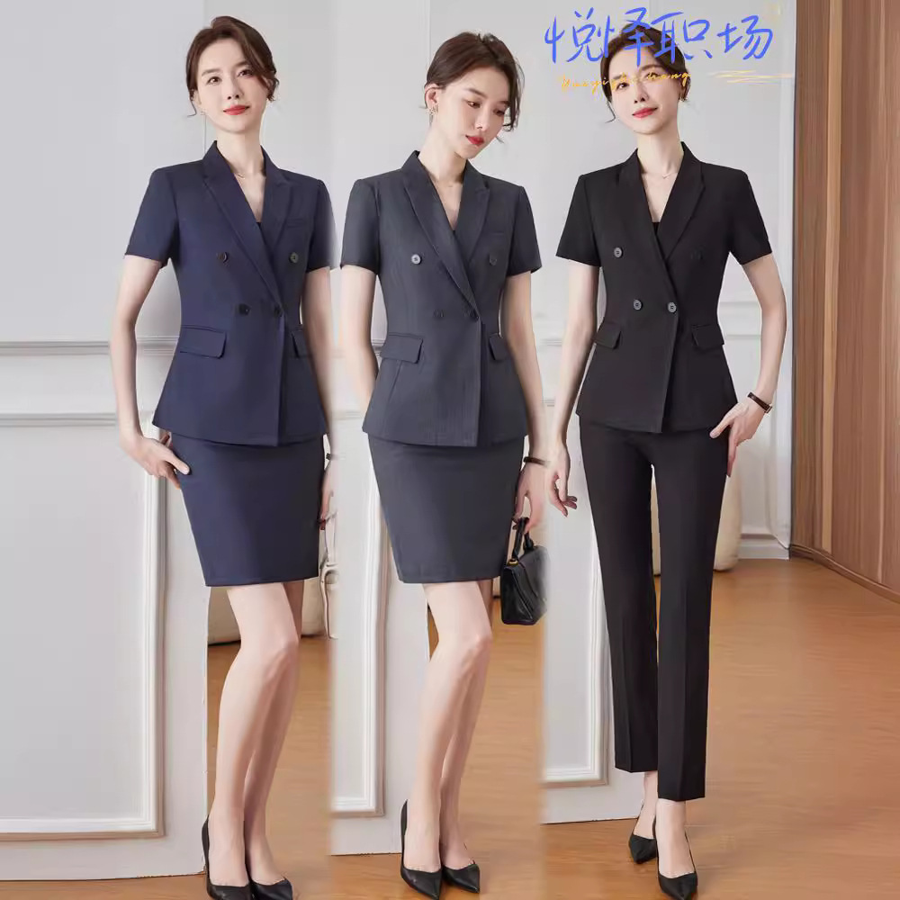 Summer Business Wear Women's Suit Coat Short Sleeve Slim Commuter Dress Hotel Manager Work Clothes Gold Shop Frock
