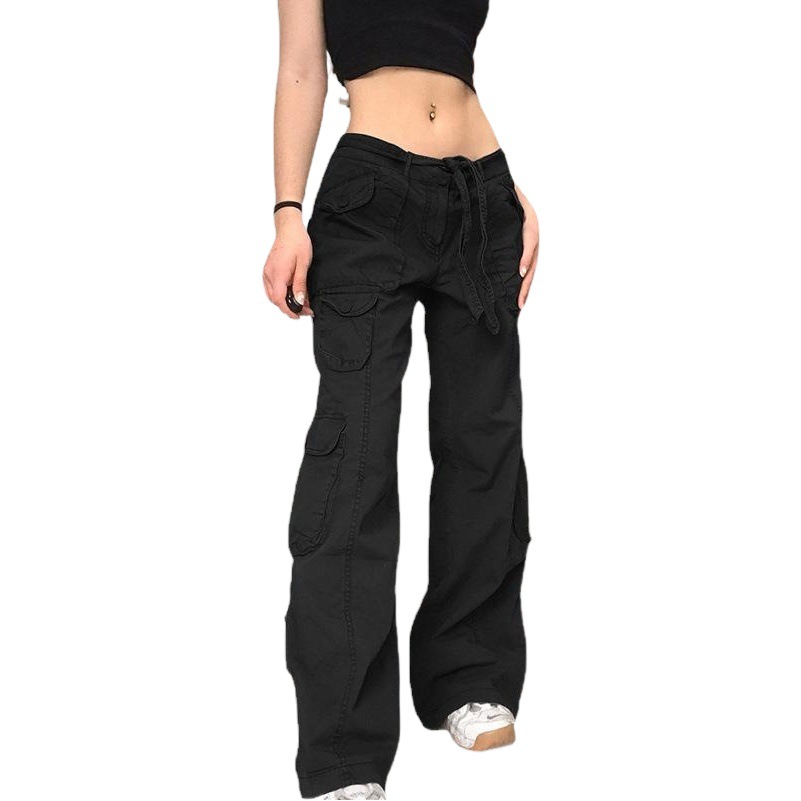 European and American Style Women's Fashion Casual Street Loose Drawstring Belt High Waist Pocket Grey Wide Leg Workwear Trousers