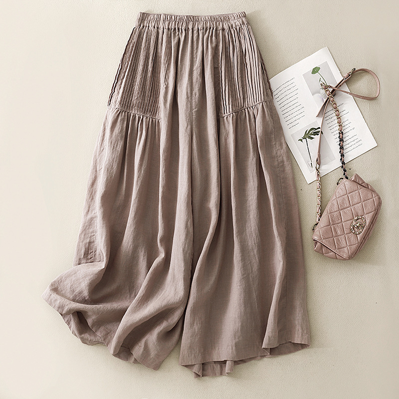 2024 Pure Ramie Elegant Loose Wide-leg Pants Japanese All-match Spring and Summer Linen Straight Cropped Culottes