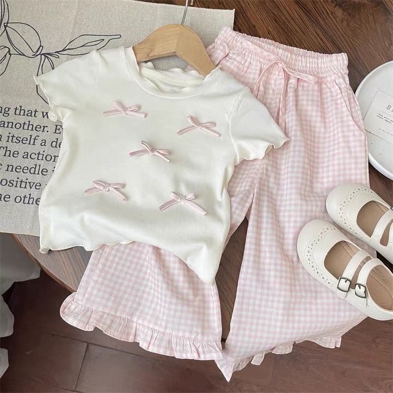 Girls Summer suit 2024 New Korean Girl Baby Short Sleeve T-shirt Plaid Lace Wide Leg Pants Two-piece Set