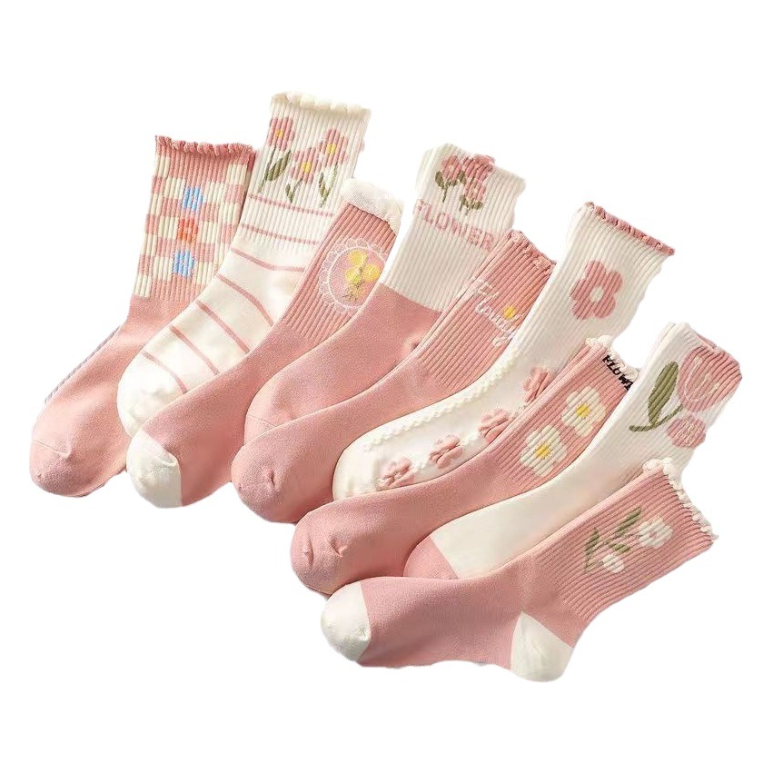 Women's socks spring and summer new mid-calf length socks pink lace girl's socks ins trendy high stockings Cotton College style sweet